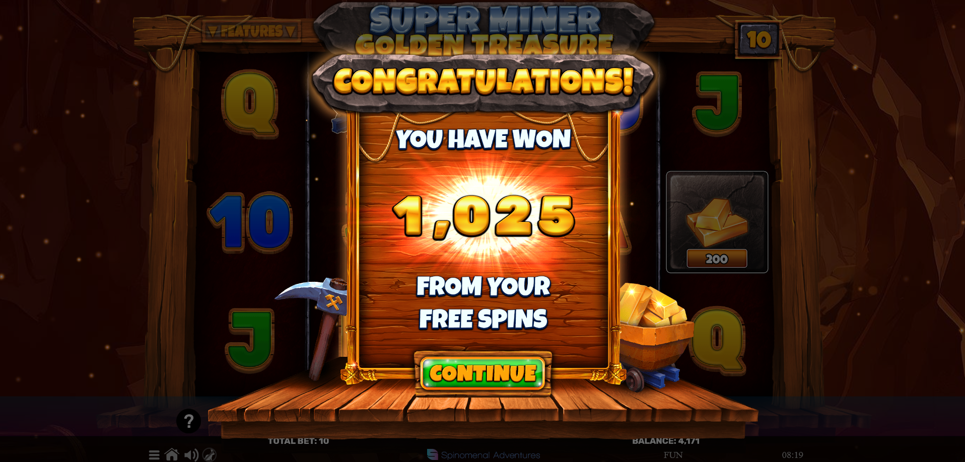 super miner golden treasure win screen by spinomenal