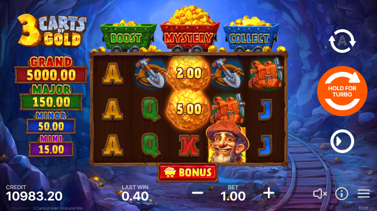 3 carts of gold hold and win slot base game by playson