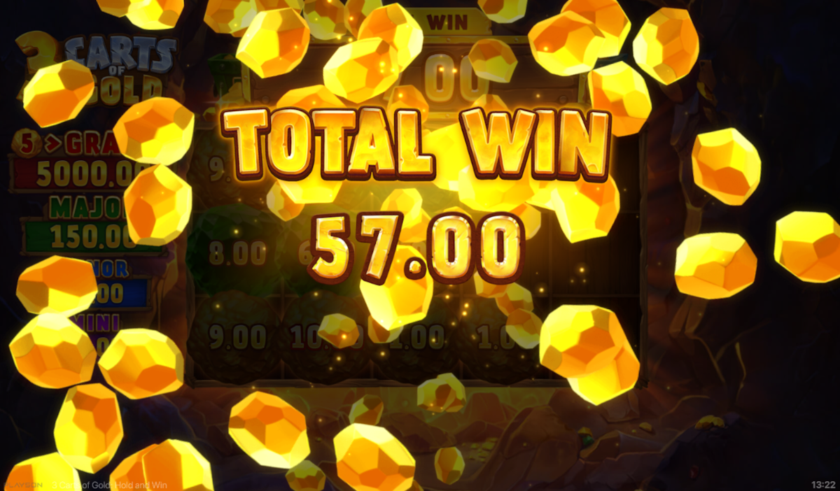 3 carts of gold hold and win slot total win screen by playson