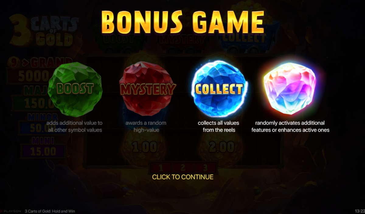 3 carts of gold hold and win slot bonus game by playson