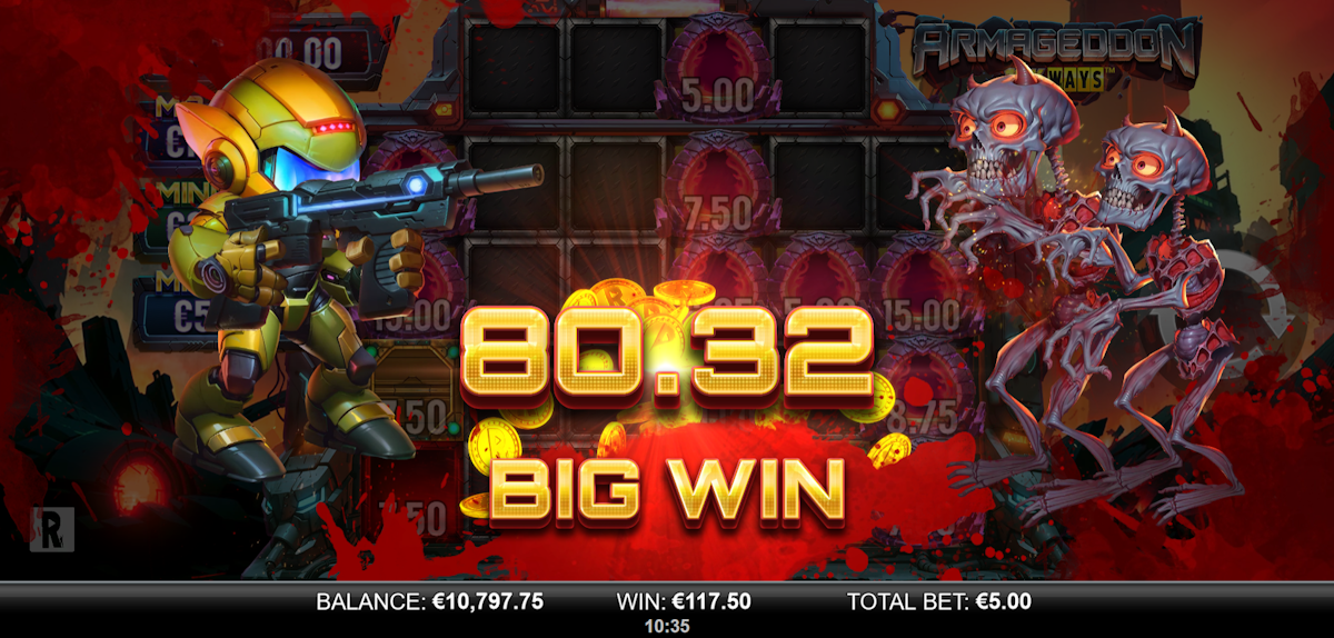 armageddon 10k ways slot big win screen by yggdrasil x reelplay