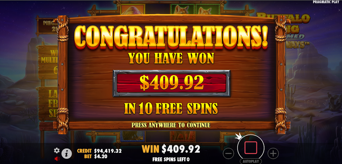 buffalo king untamed megaways slot bonus game total win screen by pragmatic play
