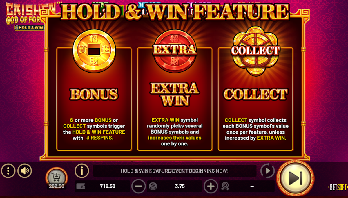 caishen god of fortune hold and win slot bonus game intro screen by betsoft