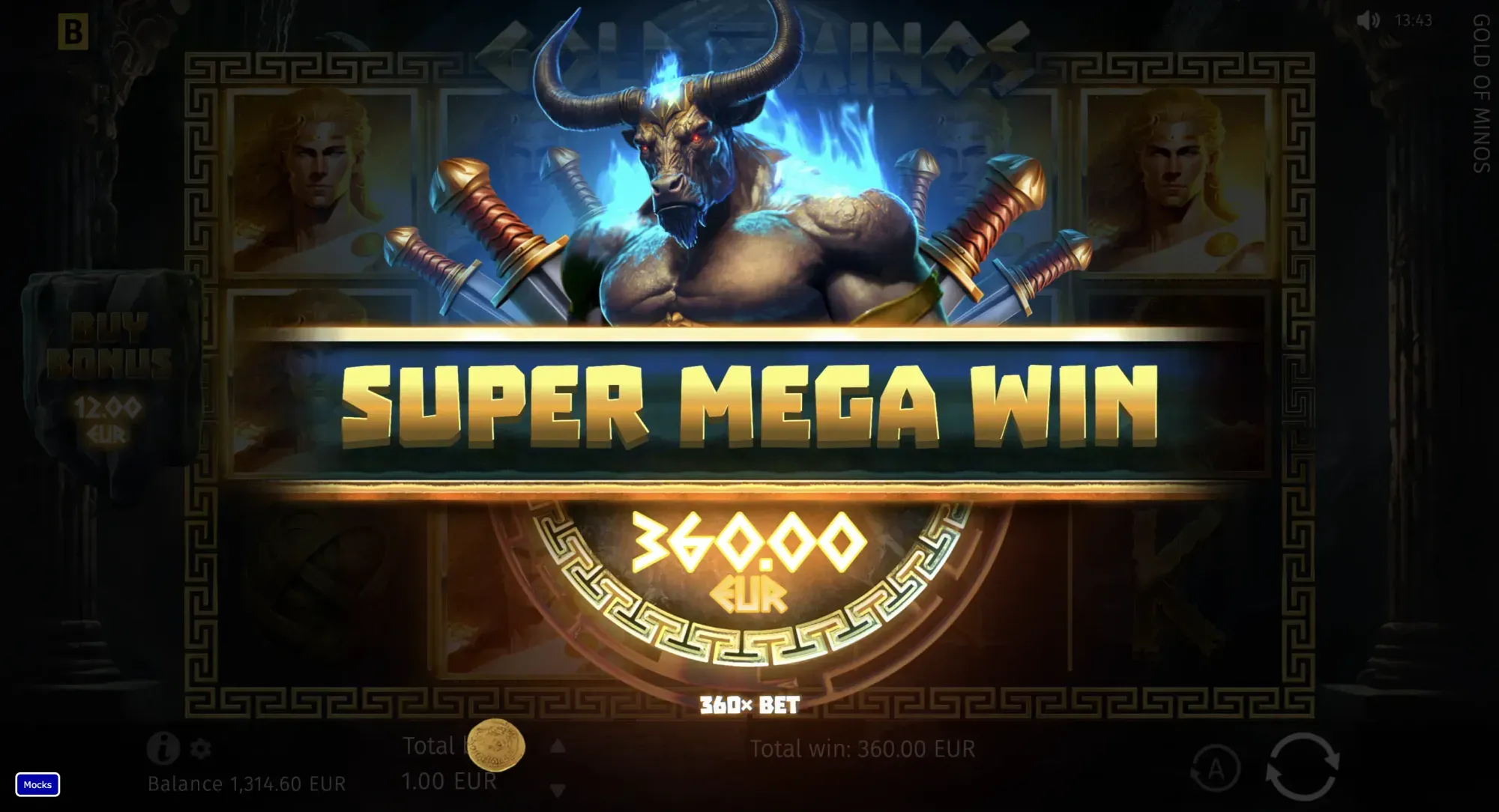 gold of minos slot super mega win screen by bgaming