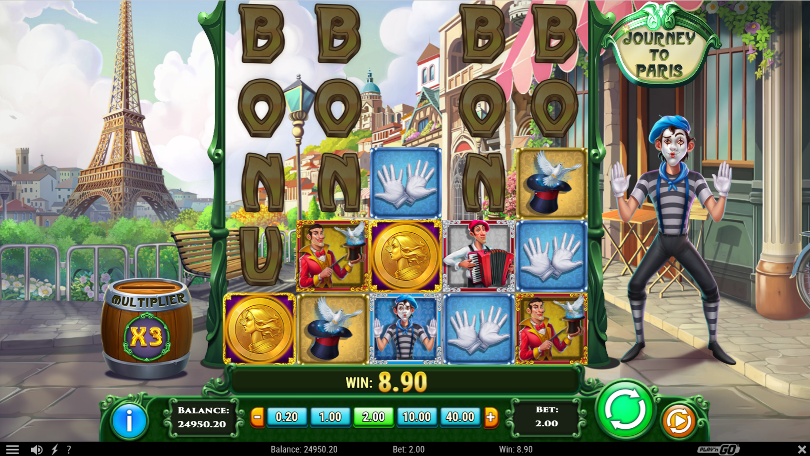 journey to paris slot base game with bonus symbols behind by playn go