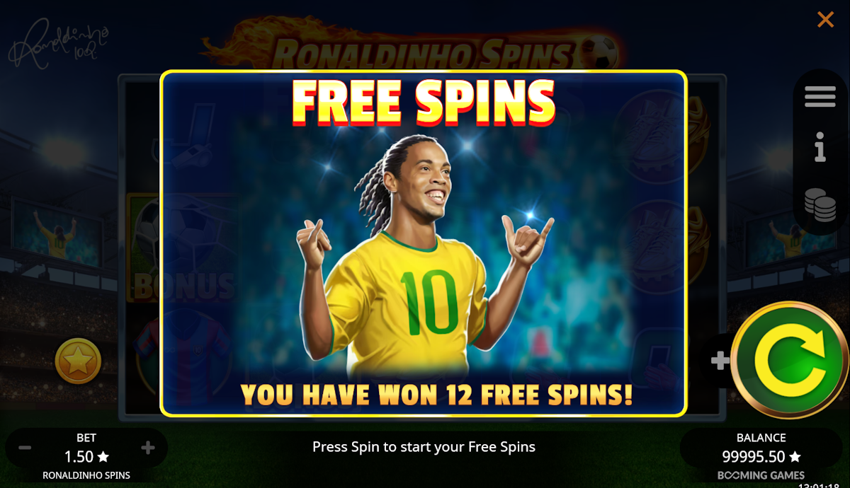 ronaldinho spins slot free spins screen by booming games