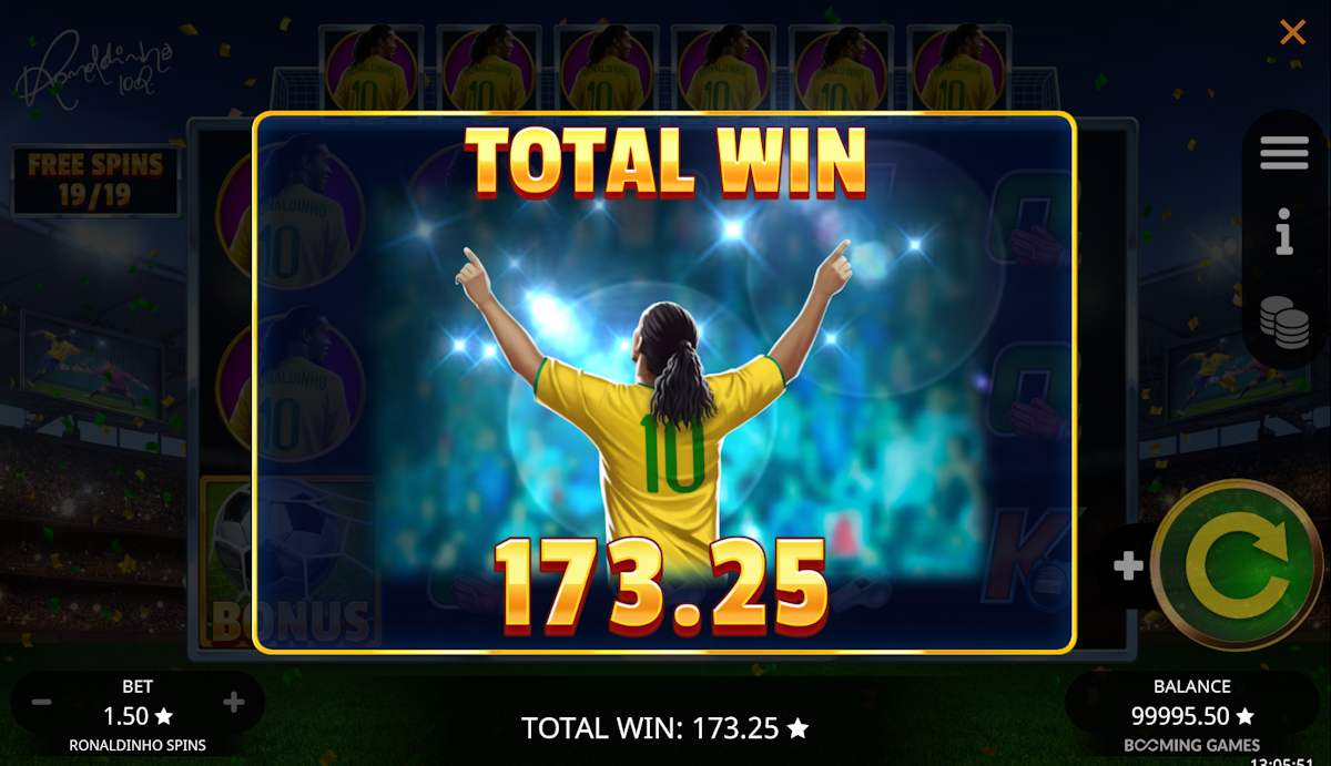 ronaldinho spins slot total wins screen by booming games