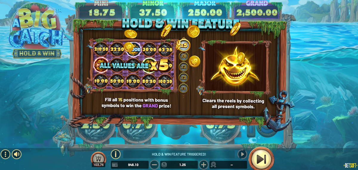 a big catch hold and win slot bonus feature triggered by betsoft gaming
