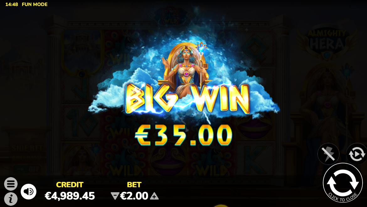 almighty hera slot big win screen by indigo magic