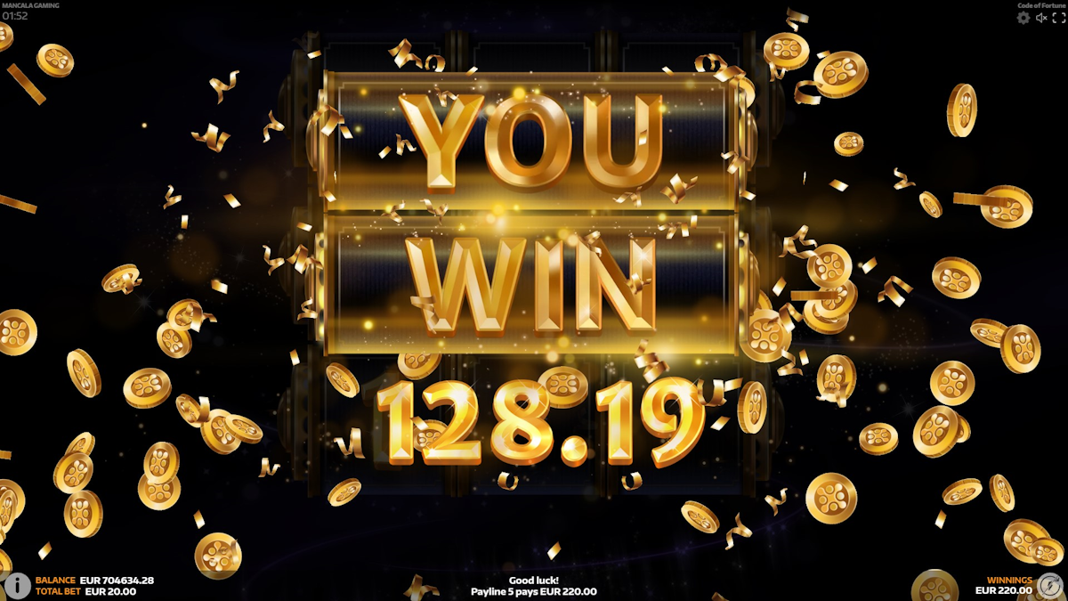 code of fortune slot big win screen by mancala gaming
