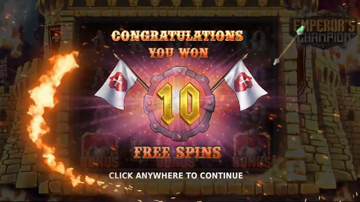 emperors champion slot free spins award screen by stakelogic