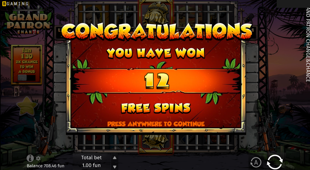 grand patron slot free spins award screen by bgaming