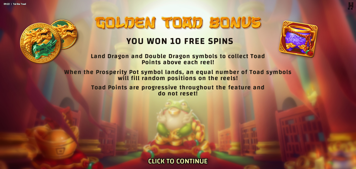 The free spins award screen before the feature starts in Tai the Toad slot