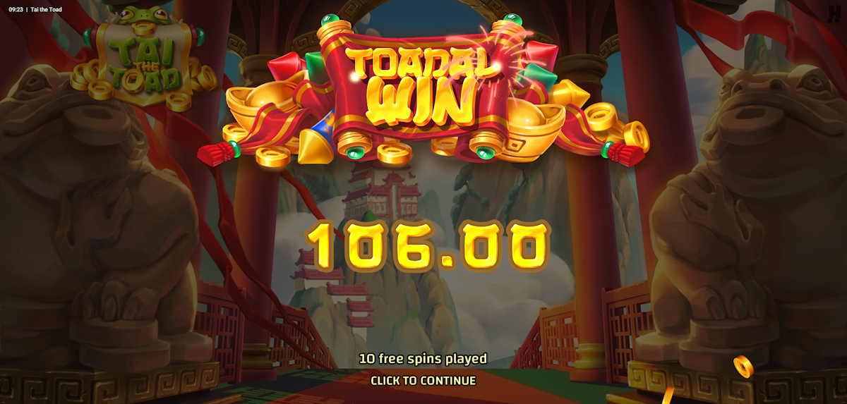 The toadal win screen after the feature ends in Tai the Toad slot