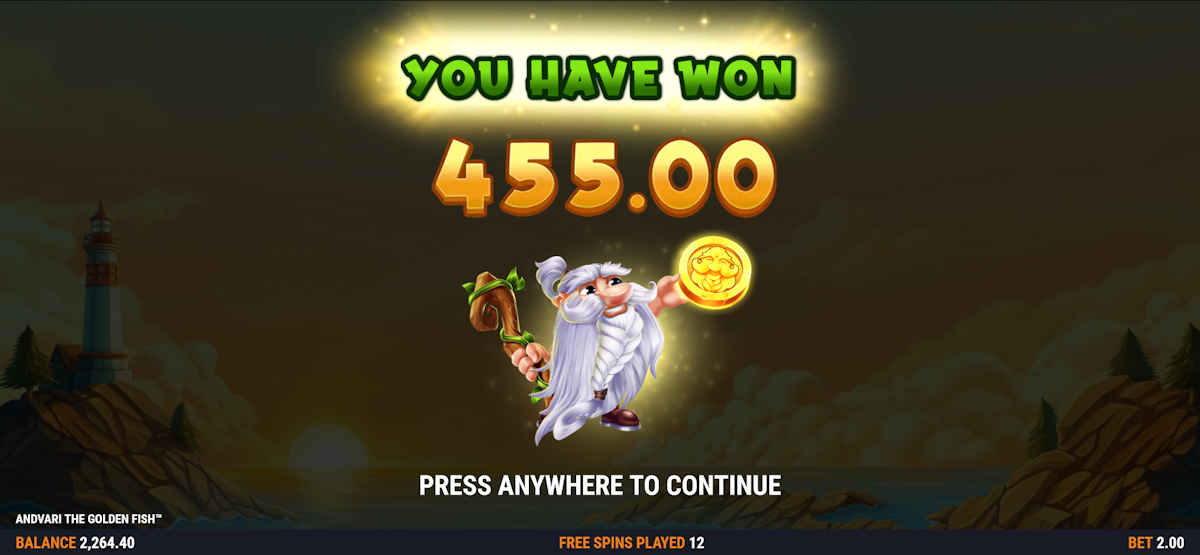 andvari the golden fish slot big win screen by foxium