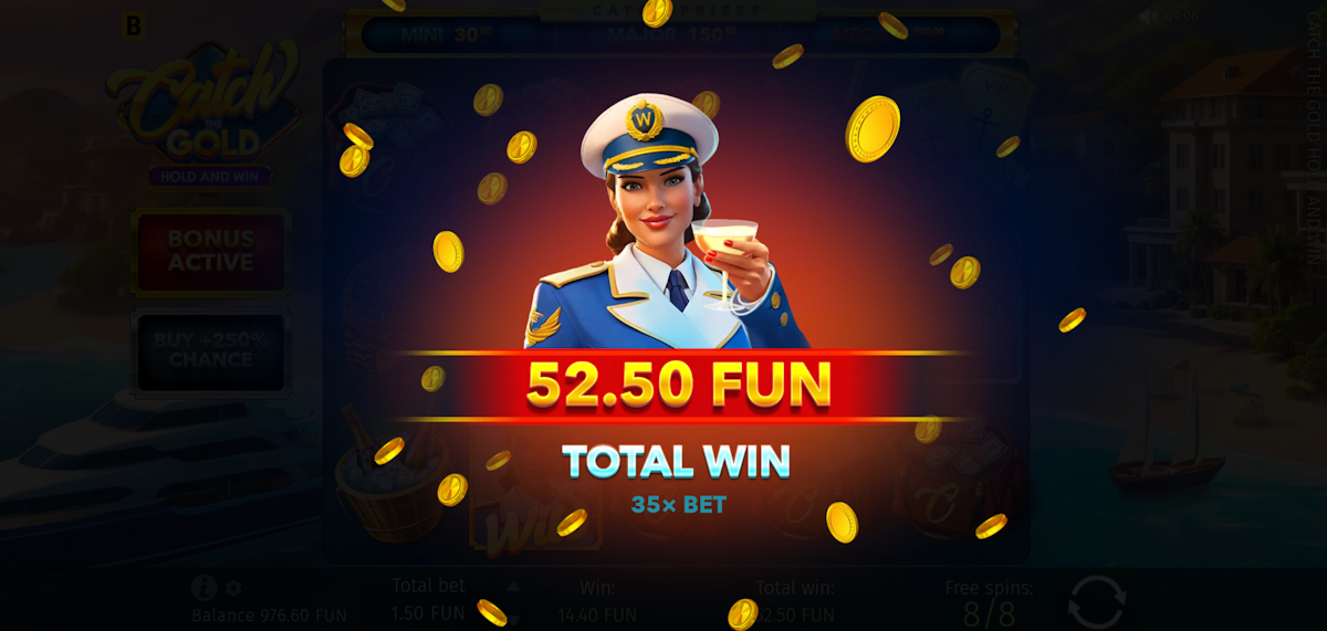 catch the gold hold and win slot free spins bonus win screen by bgaming
