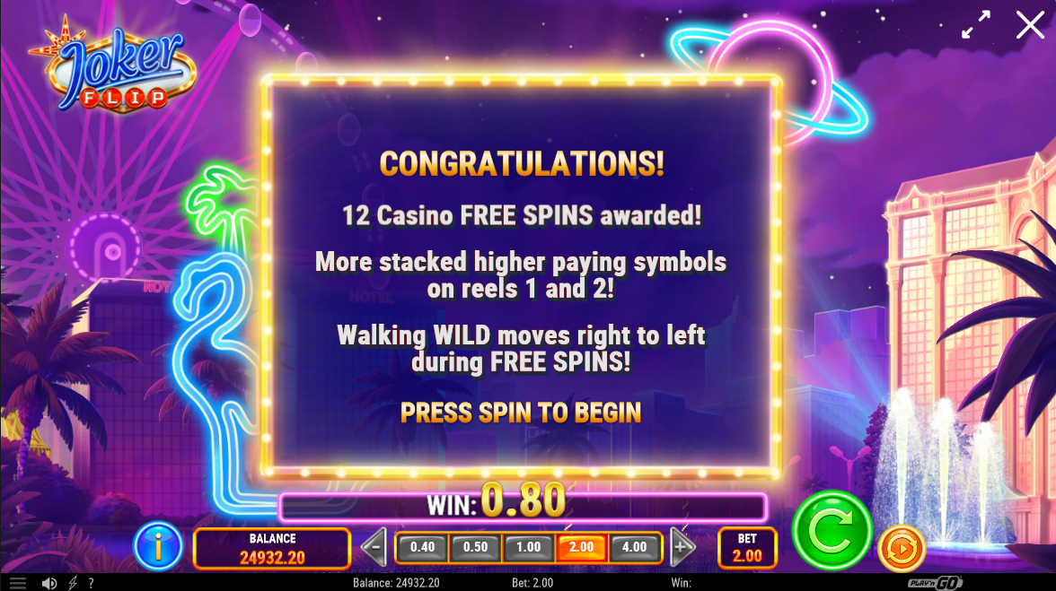 joker flip slot free spins award by playn go
