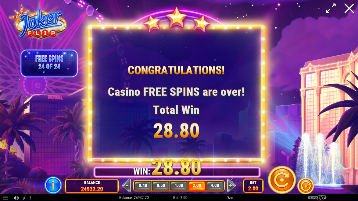joker flip slot free spins win total by playn go
