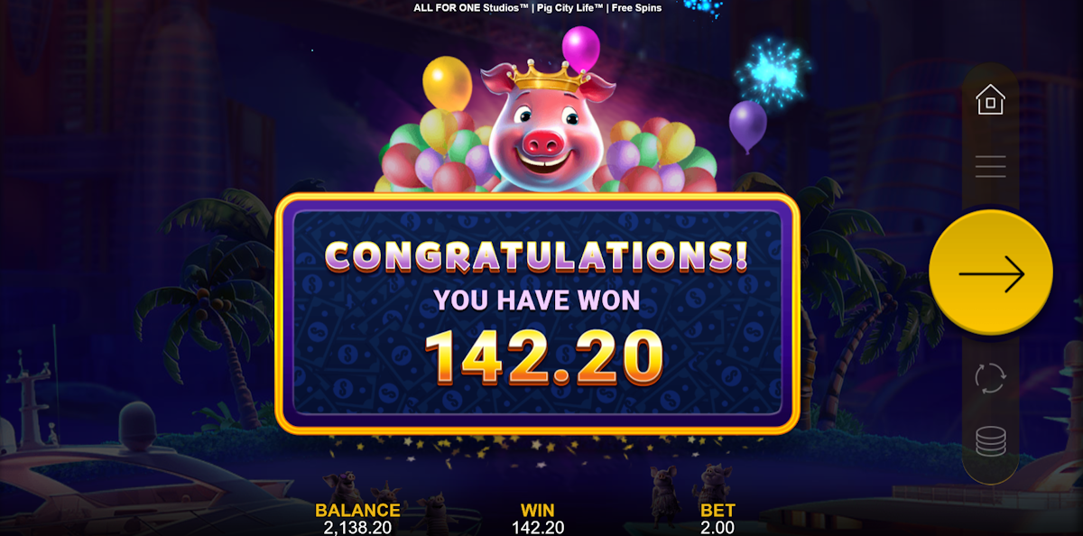 pig city life slot big win screen by all for one studios