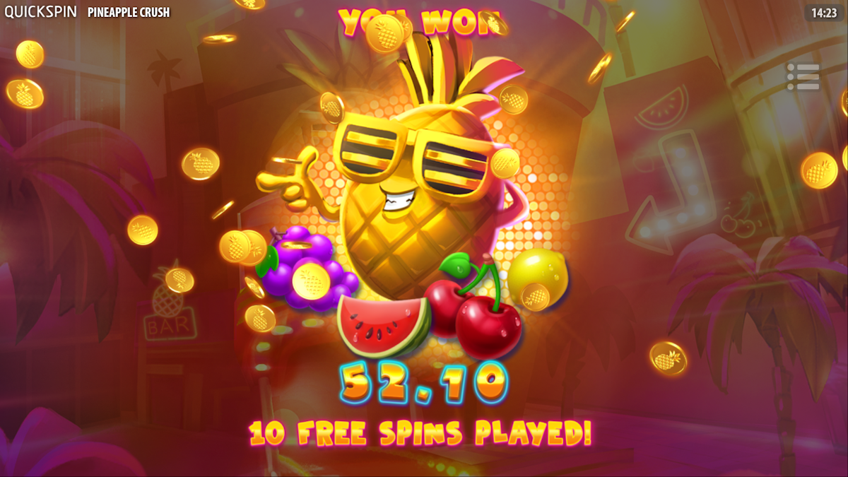 pineapple crush slot free spins win screen by quickspin