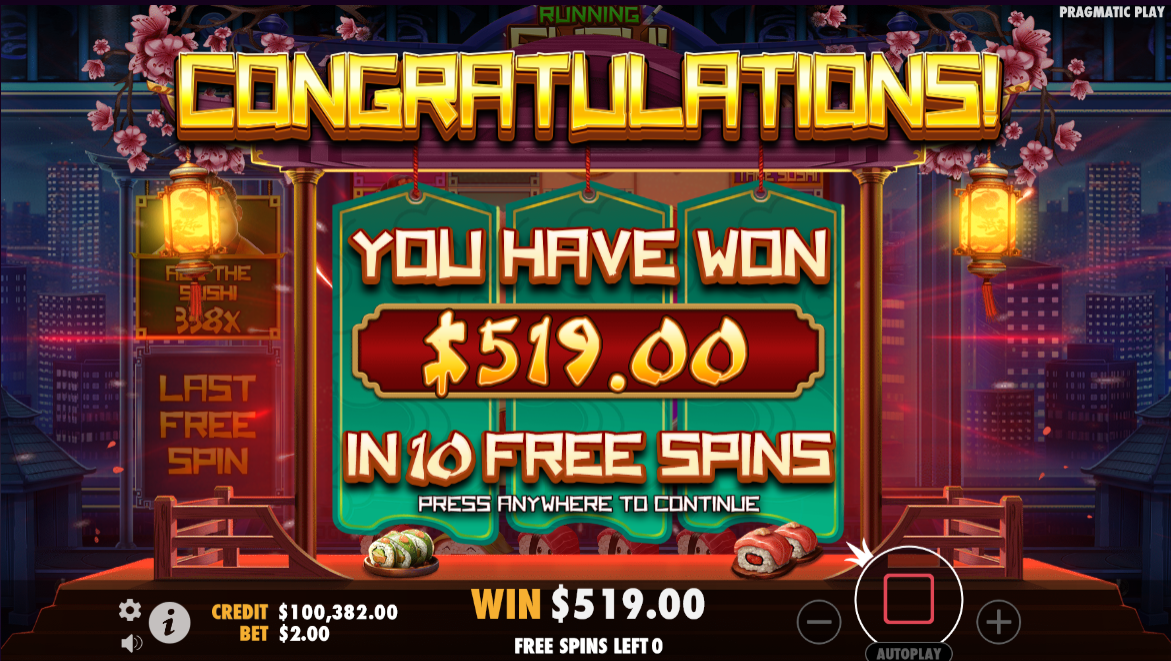 running sushi slot free spins award win screen pragmatic play