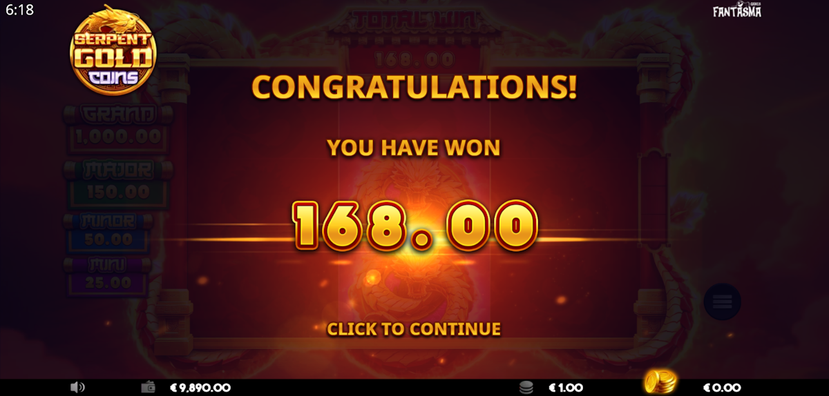 serpent gold coins slot bonus game total win by fantasma games
