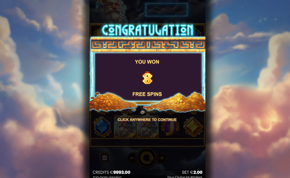 zeus divine multipliers slot free spins award by tom horn gaming