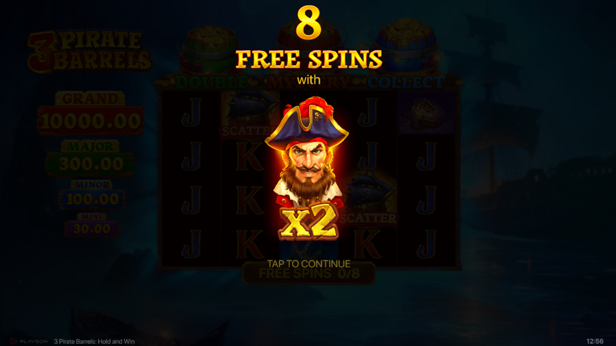 3 pirate barrels hold and win slot free spins award by playson