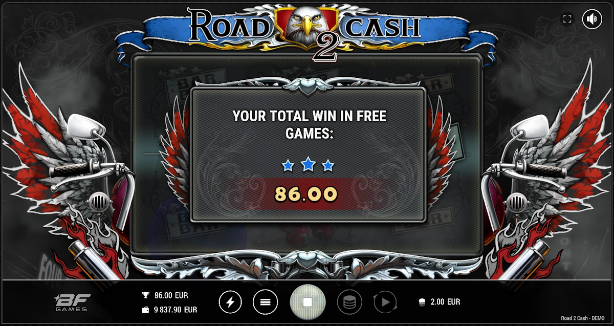 road 2 cash slot big win screen by bf games