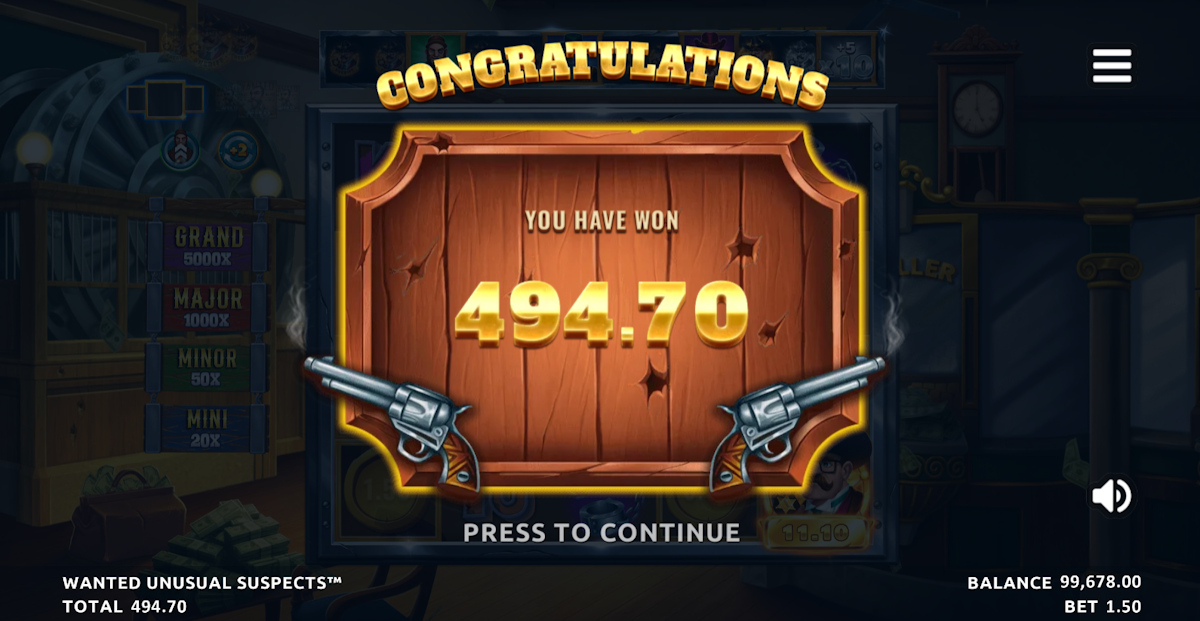 wanted unusual suspects slot big win screen by northern lights gaming