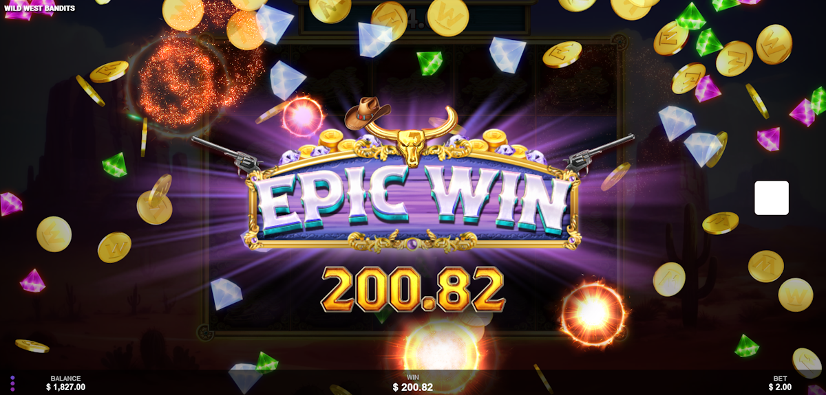 wild west bandits slot epic win screen by wizard games