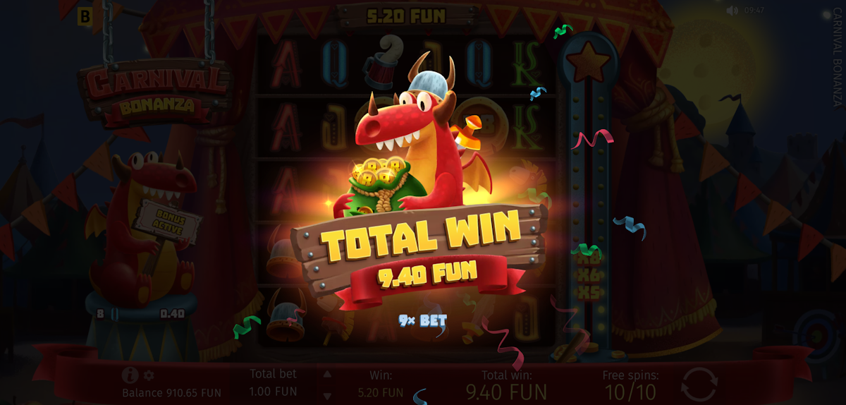 carnival bonanza slot total win screen by bgaming