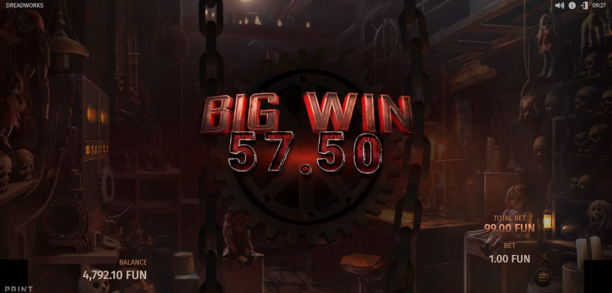 deadworks slot big win screen by print studios