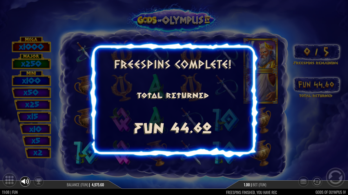 gods of olympus 4 slot total win screen by iron dog studio
