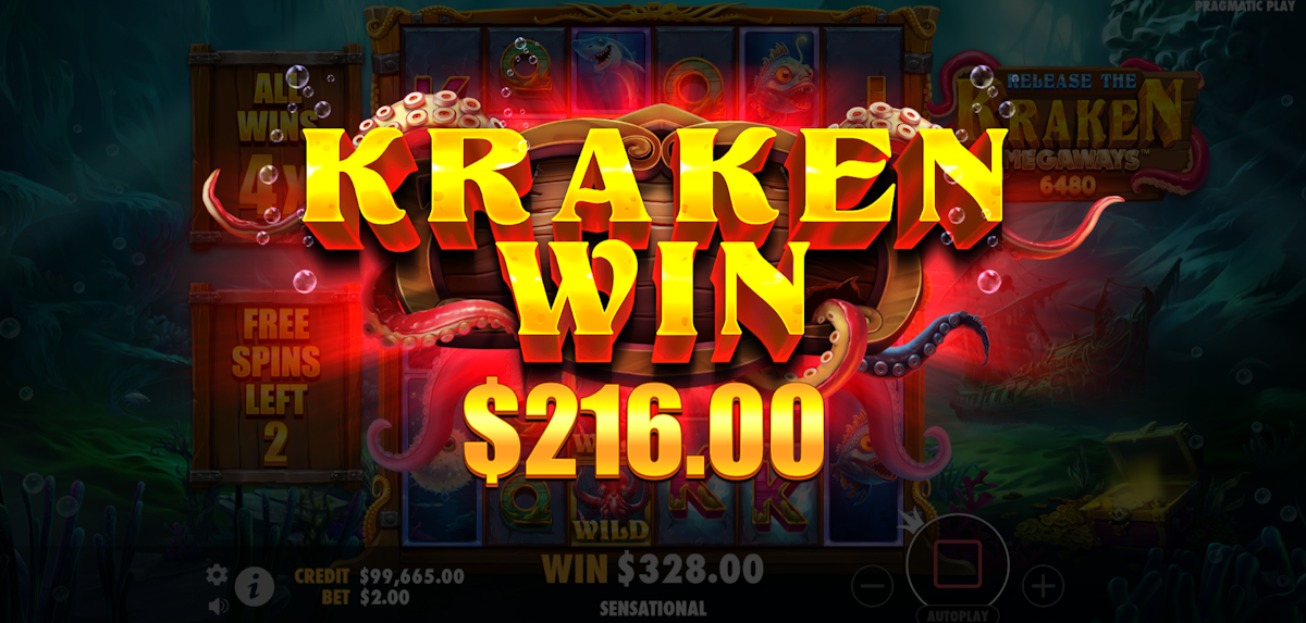 release the kraken megaways slot big win screen by pragmatic play