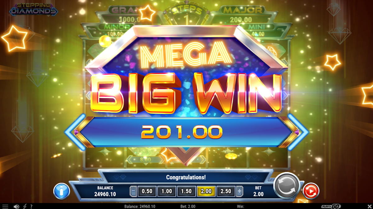 stepping diamonds slot big win screen by playn go