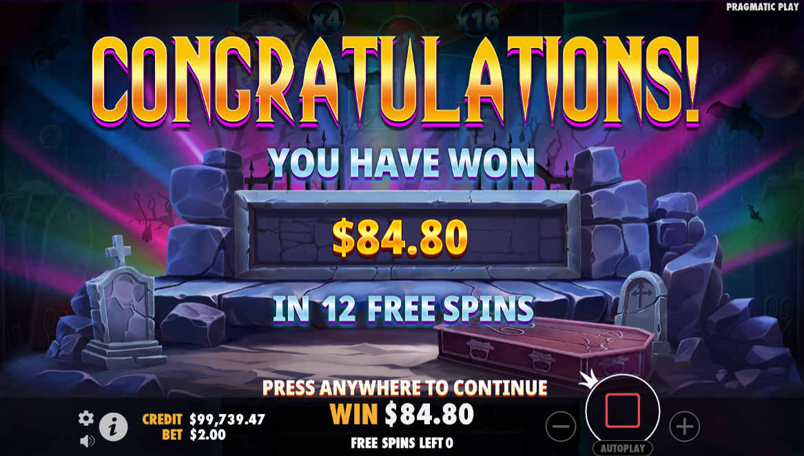 vampy party slot win screen by pragmatic play