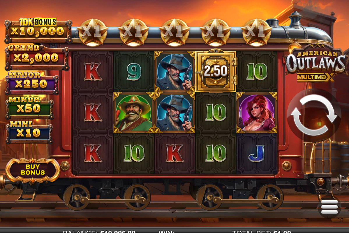 american outlaws multimax slot base game by reel play