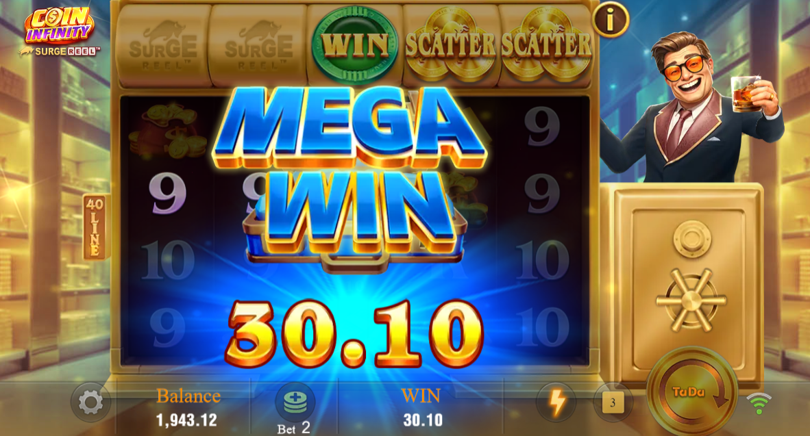 coin infinity surge reel slot win screen by tada gaming