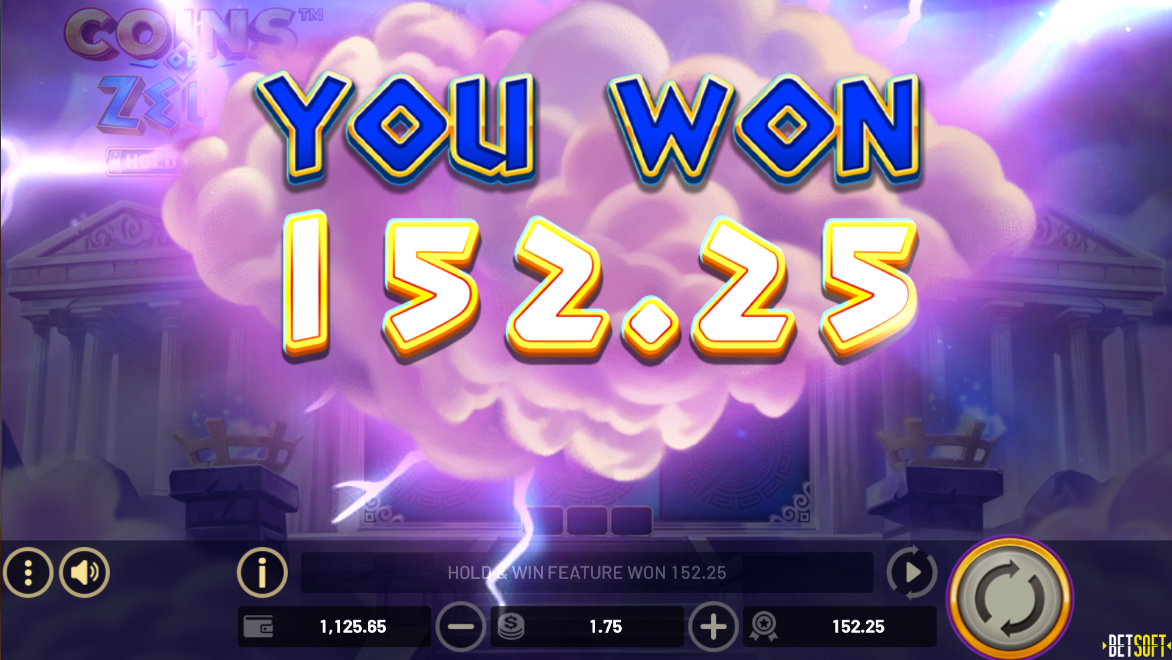 coins of zeus hold and win slot big win screen by betsoft gaming