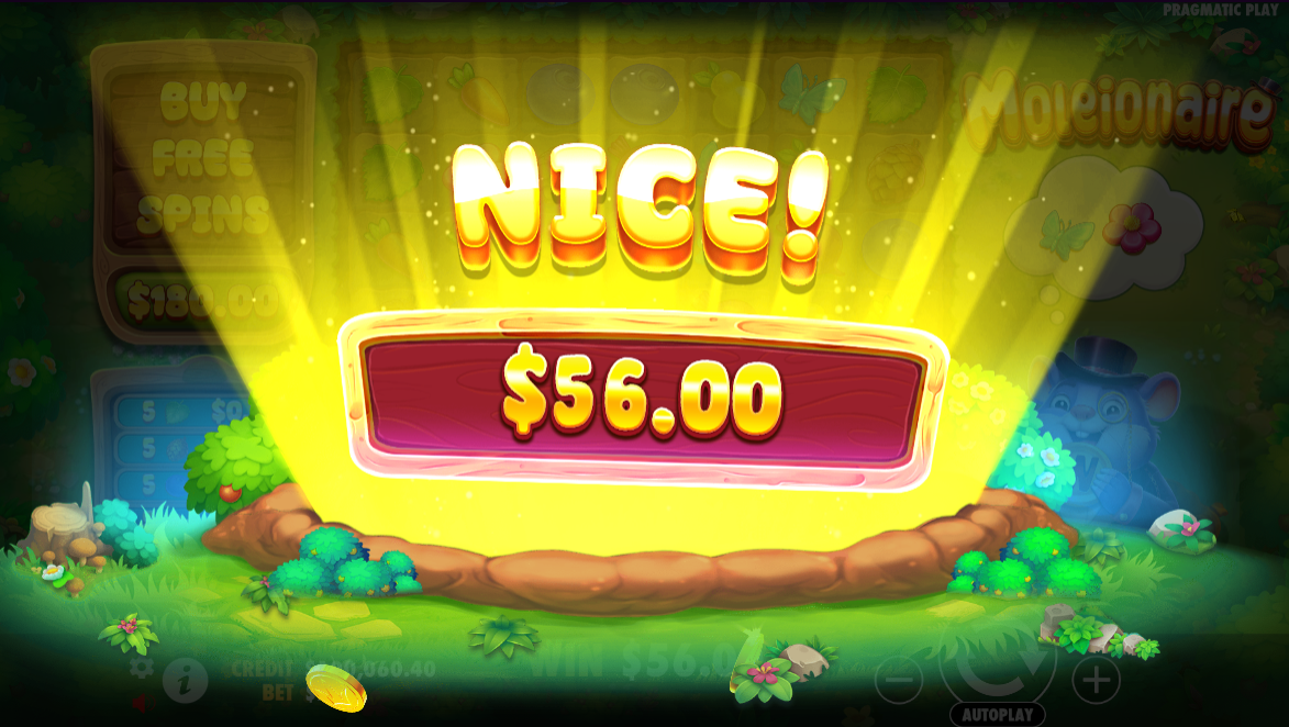 Moleionaire slot win screen by pragmatic play