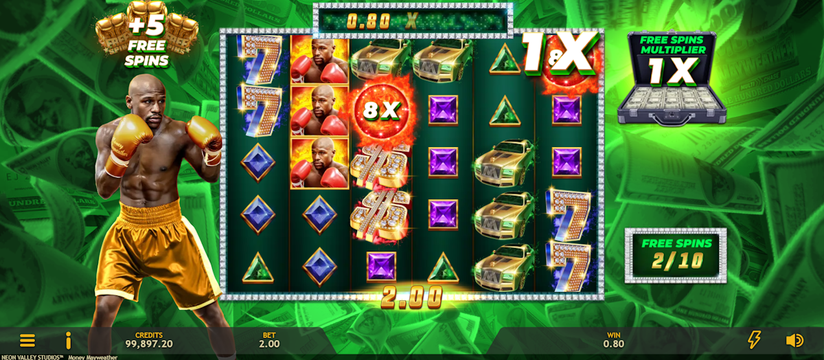 money mayweather slot free spins feature by neon valley studios