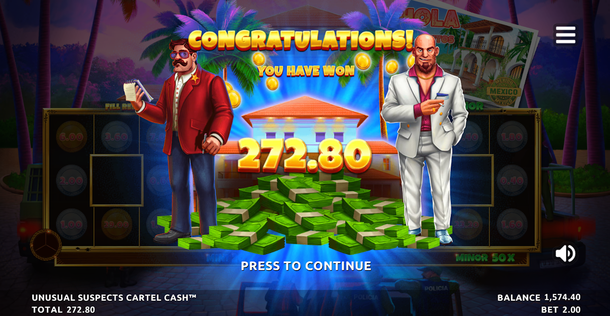 unusual suspects cartel cash slot win screen by northern lights gaming