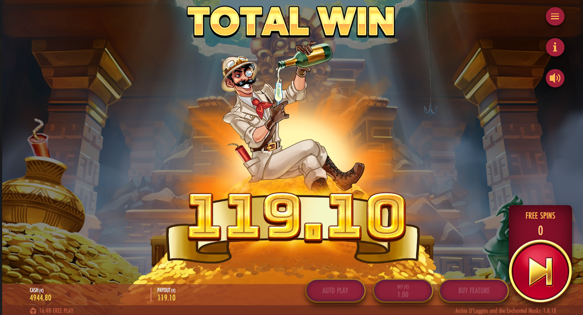 archie o'loggins and the enchanted masks slot gtotal win screen by thunderkick