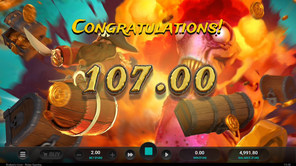 kraken's cove slot big win screen by relax gaming