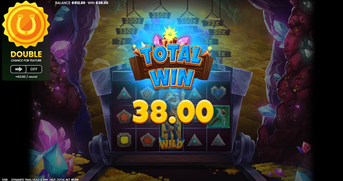 dynamite trail hold and win slot total win screen by octoplay
