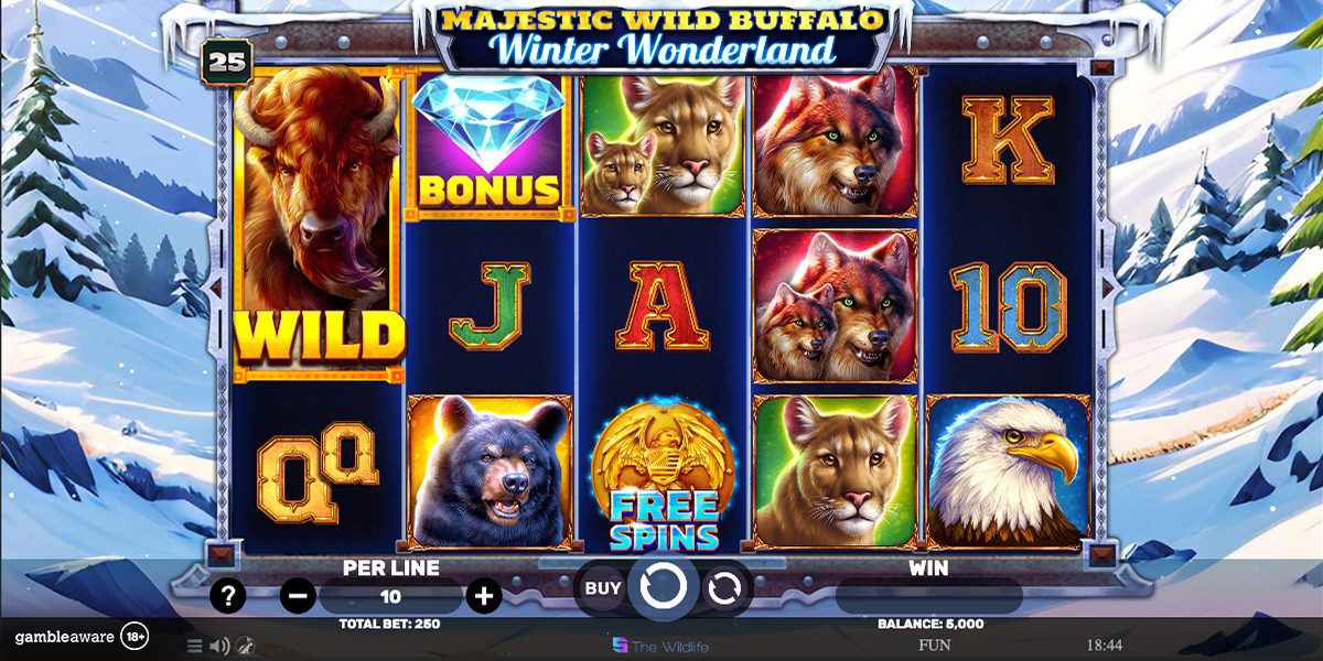 majestic wild buffalo winter wonderland slot base game by spinomenal