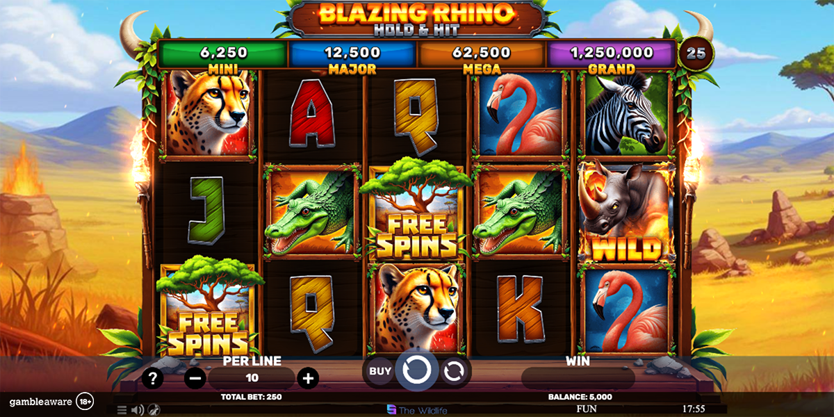 free spins in Blazing Rhino Hold & Hit by Spinomenal