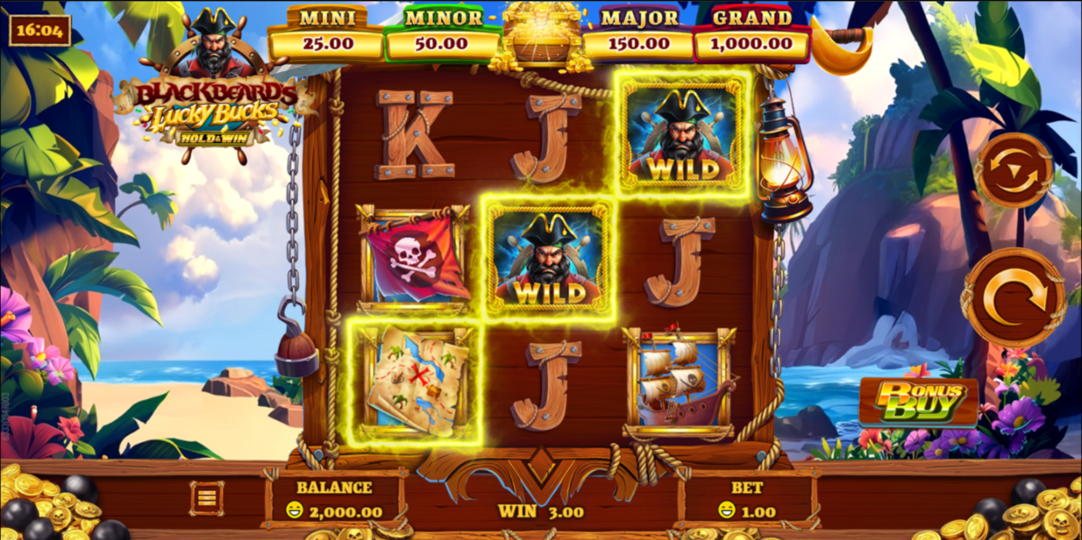 Base game of Blackbeard’s Lucky Bucks Hold & Win by Rival