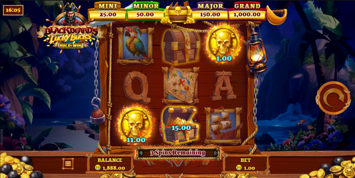 Hold & win bonus round in Blackbeard’s Lucky Bucks Hold & Win by Rival